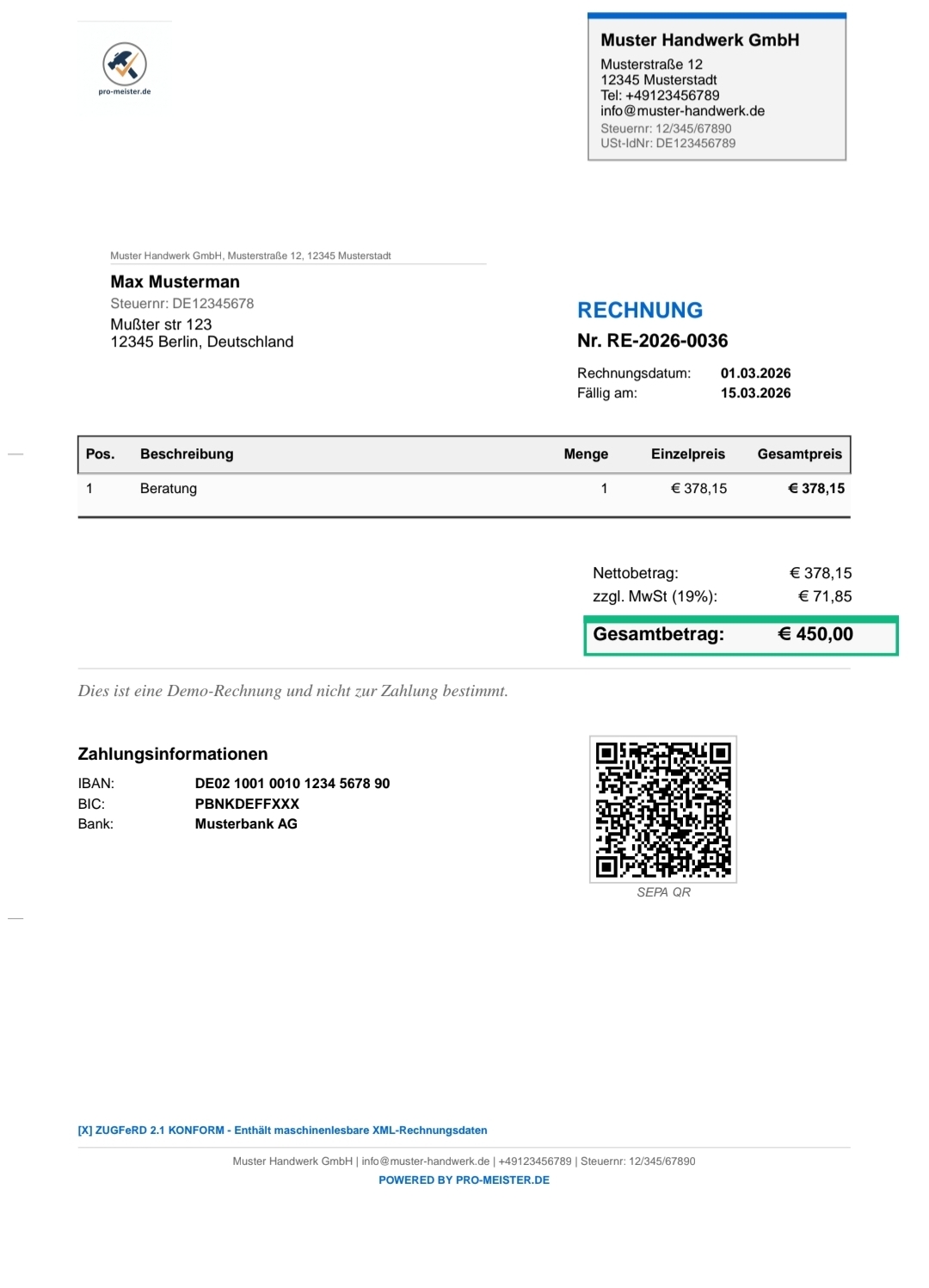 Pro-Meister Rechnung — ZUGFeRD PDF Beispiel